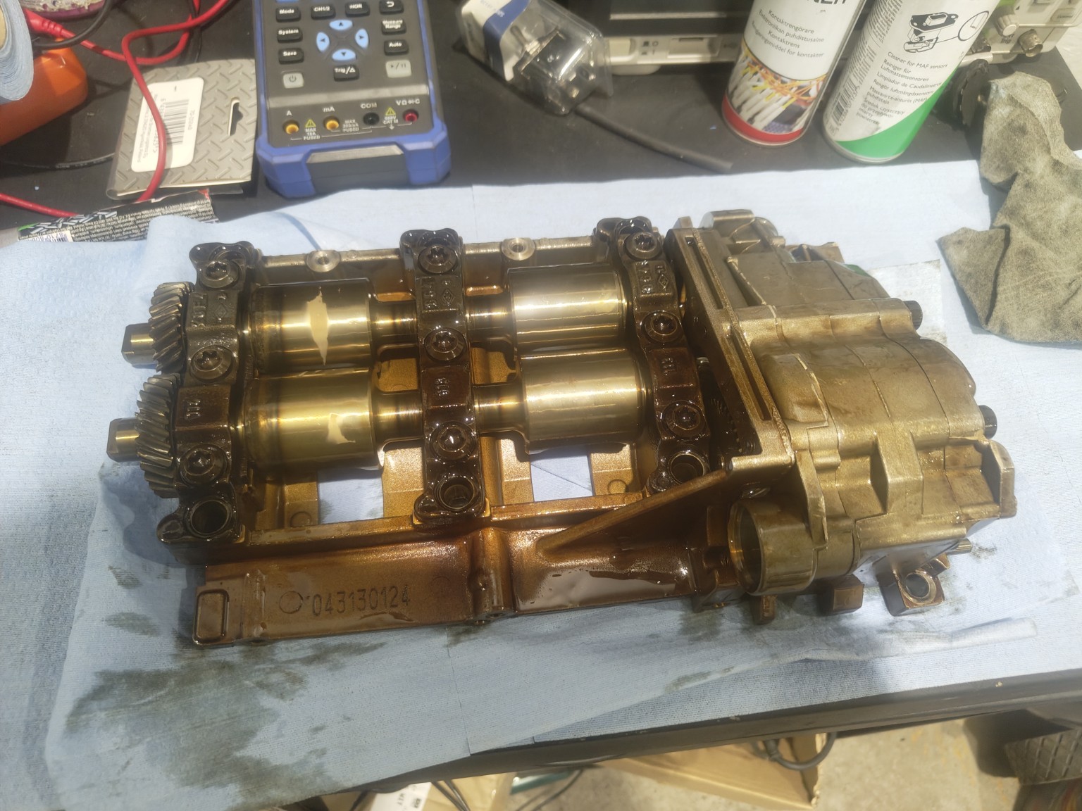 BMW E46 N46 balance shaft and oil pump module removed for inspection