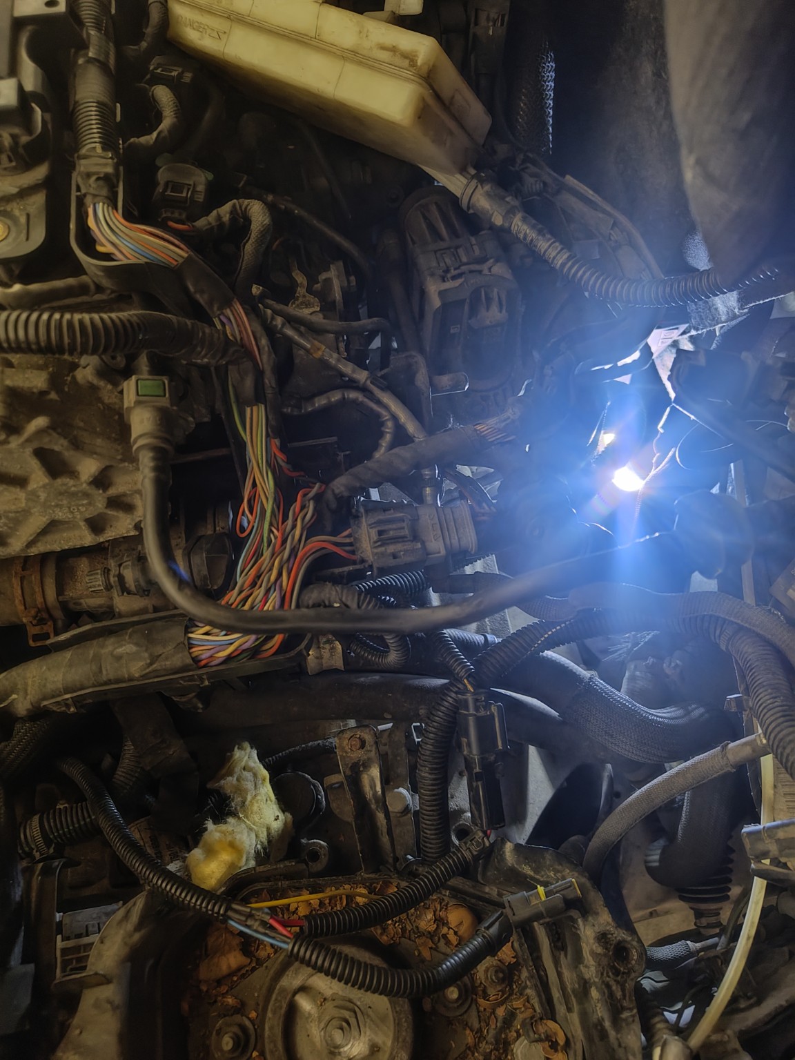 Overview of Peugeot 5008 engine bay and exposed wiring loom